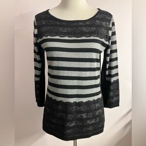 Women’s Striped Pullover Sweater,  L, Black/Gray with Black Lace, The Limited